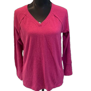 WILDFOX Long Sleeve Haley Brushed Waffle Knit Magenta V Neck Top Small